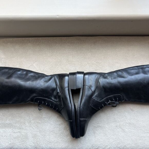 Joan & David Black Leather Lace Up Knee High Tall Riding Boot Women US 6 Italy - Picture 6 of 16